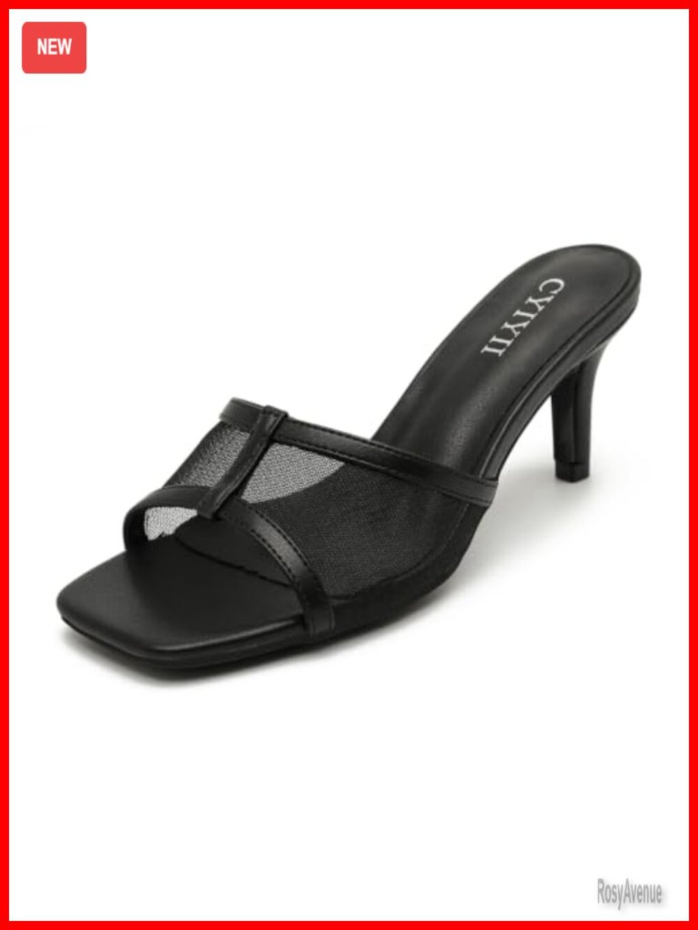 Faux Leather Mesh Kitten Heel Mules Square Toe Slip On Dress Sandals
